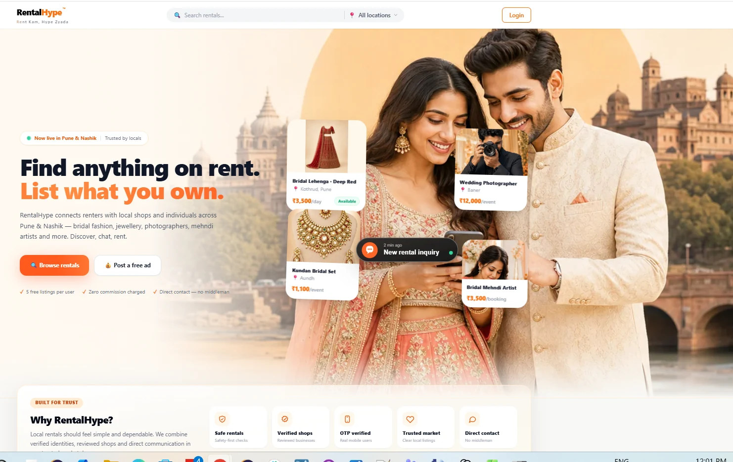 RentalHype local rental marketplace homepage